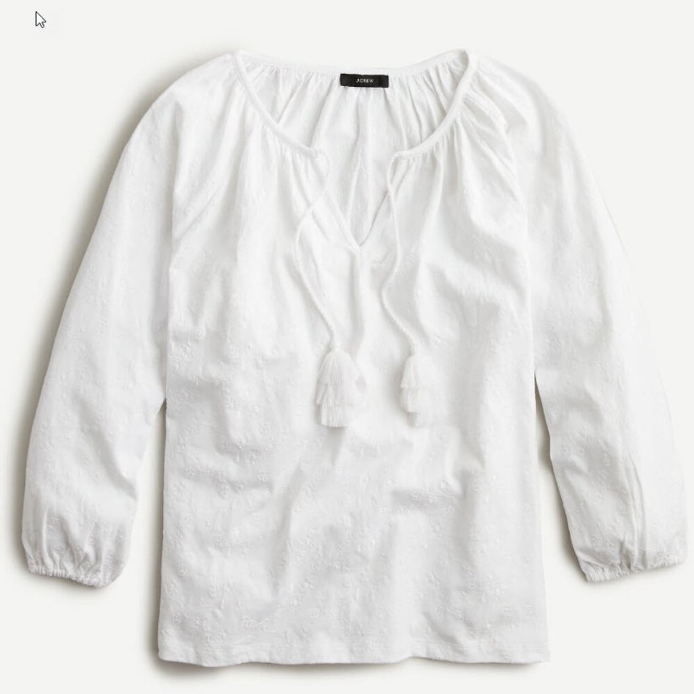 NWT J Crew Cute Embroidered Tassel-tie Top White Cotton Size XS